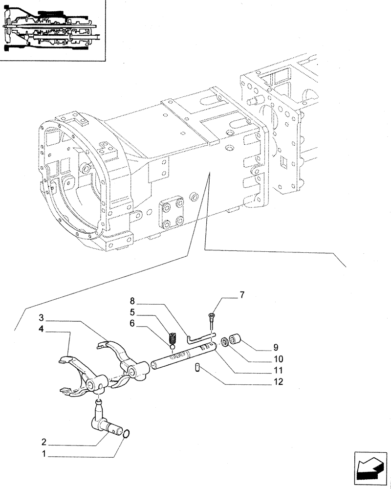Схема запчастей Case IH JX95 - (1.29.0/01[02]) - VAR - 113, 335113 - GEARBOX - 20+12 SYNCHRO SHUTTLE+CREÈPER - ROD AND FORK (03) - TRANSMISSION