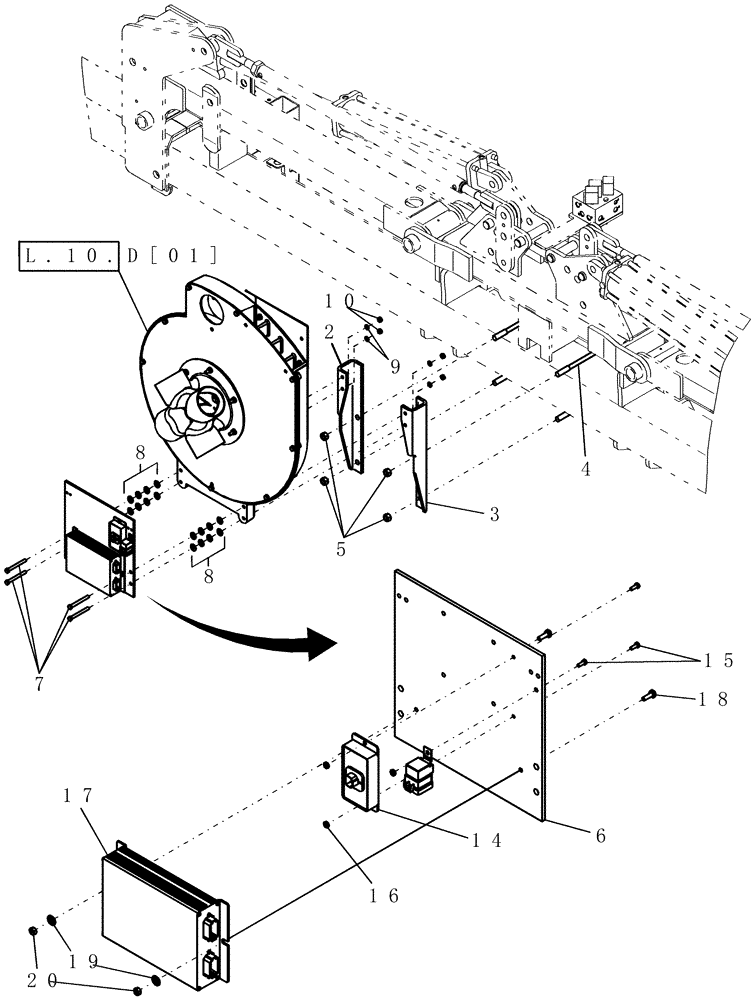 Схема запчастей Case IH 1200 - (L.10.D[10]) - FAN AND ELECTRONIC ASSEMBLY MOUNTING, ALL MOUNTED STACKERS, EXCEPT 12 ROW 30" SPACING AND 16 ROW VR HYDRAULIC DRIVE (FROM 11/2003) L - Field Processing