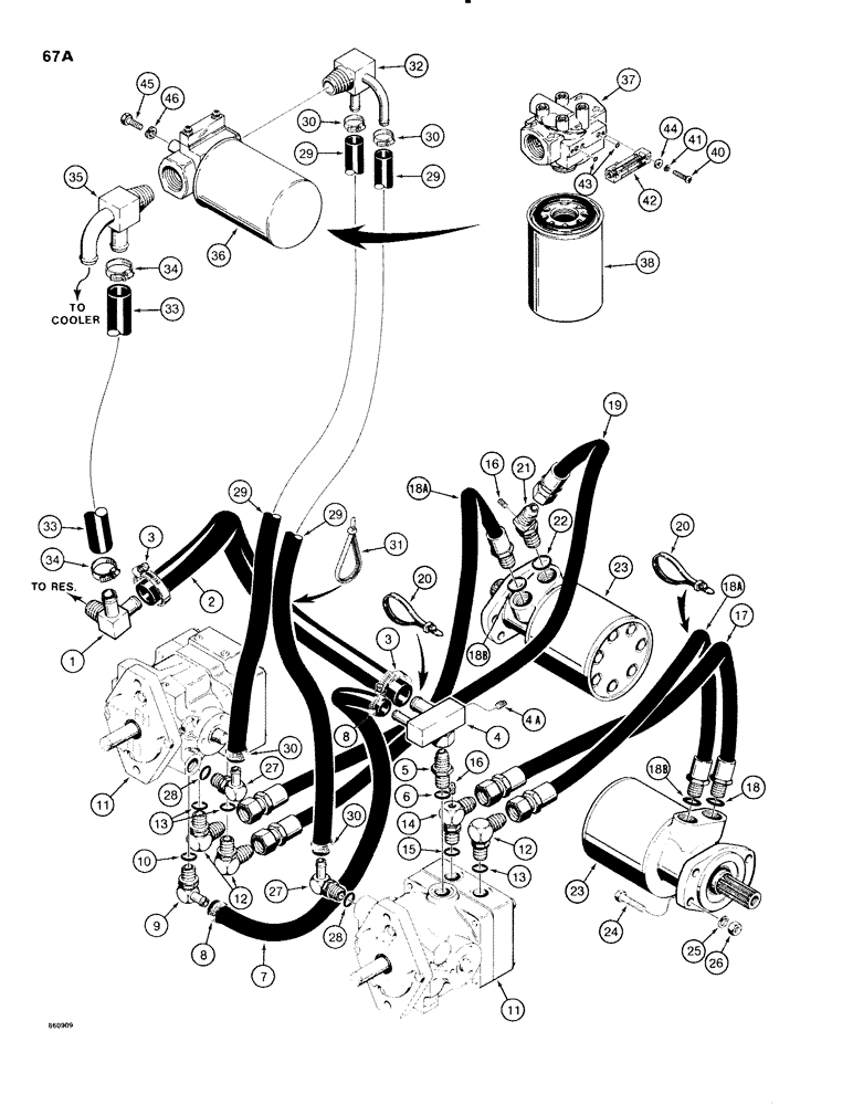 Схема запчастей Case IH 1816C - (067A) - DRIVE HYDRAULIC CIRCUIT W/HORIZONTAL MOUNTED FILTER, IF USED, (06) - POWER TRAIN