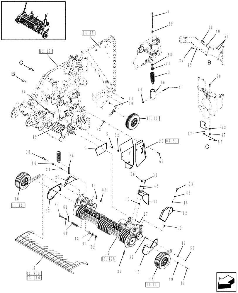 Схема запчастей Case IH RBX452 - (13.412) - 2M WIDE PICKUP W/ ROTOR, EUROPE & R.O.W. (13) - FEEDER