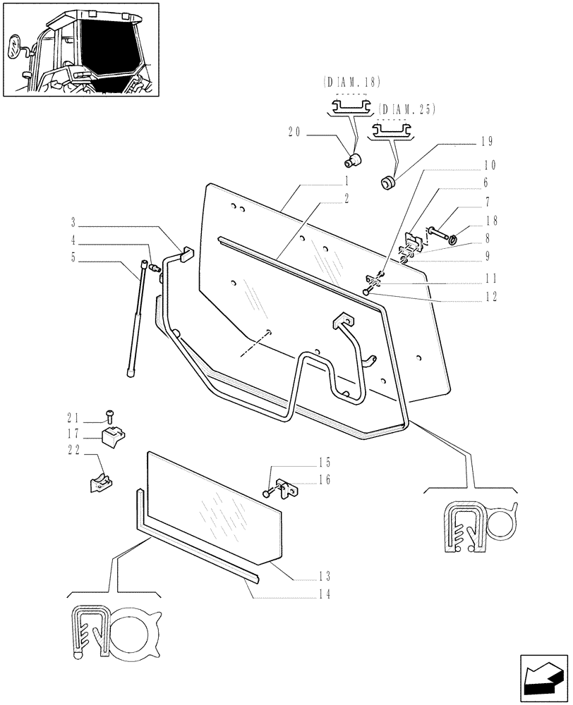 Схема запчастей Case IH JX90U - (1.92.4[01]) - CAB - REAR WINDOW LOCK & REAR GLASS (10) - OPERATORS PLATFORM/CAB