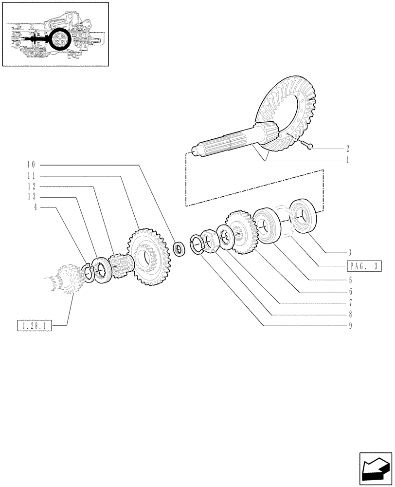Схема запчастей Case IH JX95 - (1.32.1/01[01]) - CENTRAL REDUCER GEARING - BEVEL GEAR PAIR AND DRIVEN GEARS (03) - TRANSMISSION