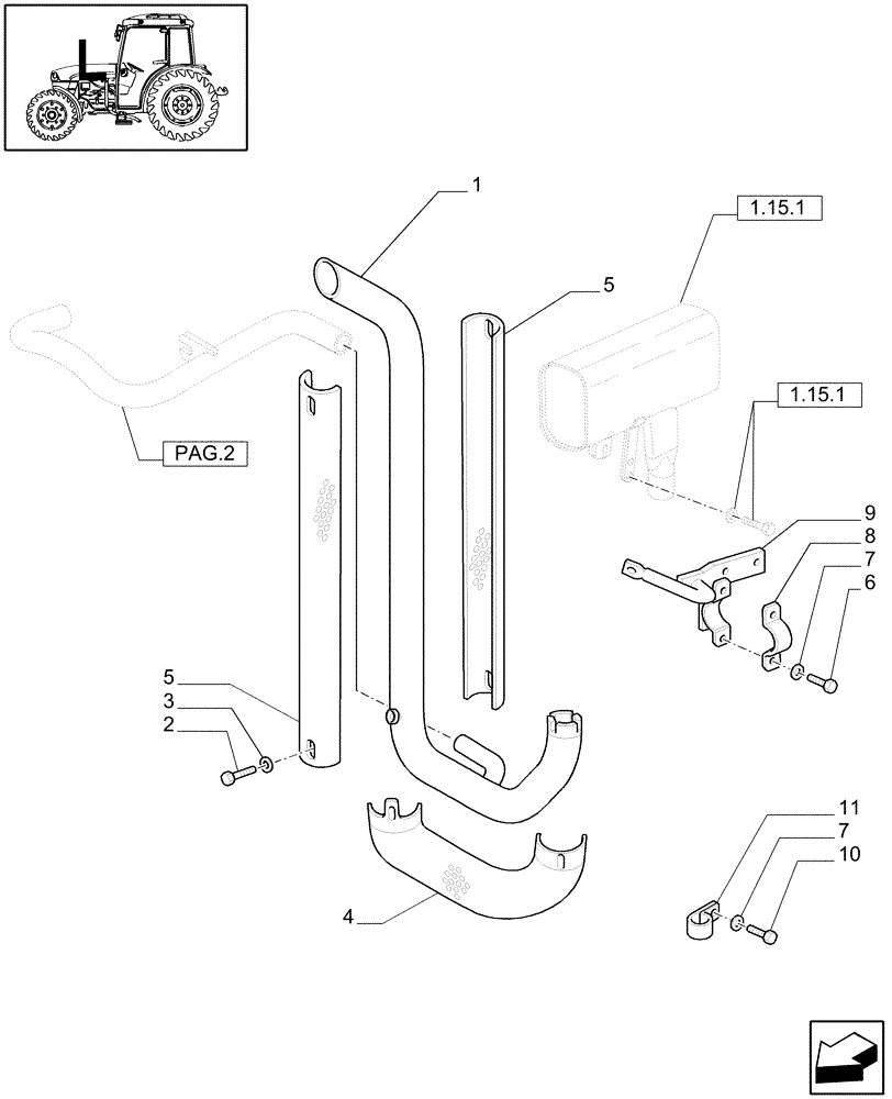 Схема запчастей Case IH JX1075C - (1.15.1/02[01]) - (VAR.199) SILENCER - AIR FILTER EJECTOR (02) - ENGINE EQUIPMENT