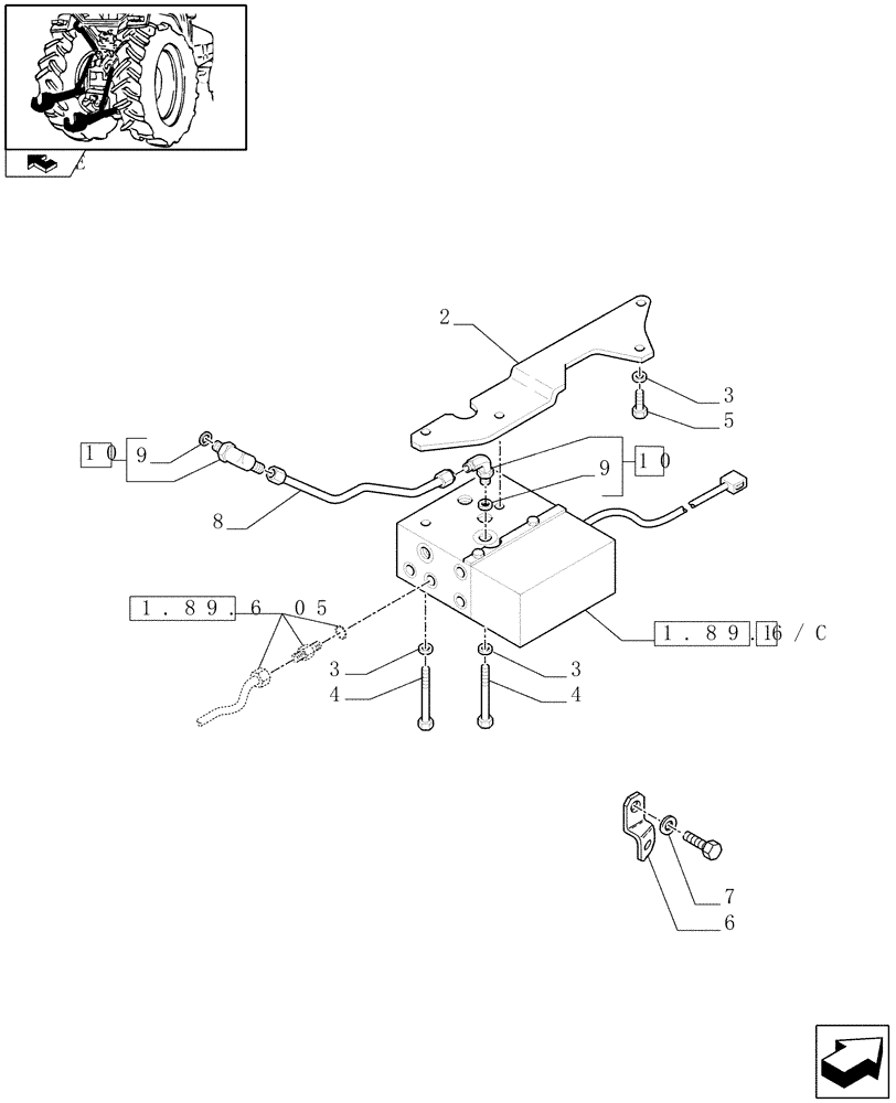 Схема запчастей Case IH FARMALL 105N - (1.89.6[06]) - HYDRAULIC RIGHT LIFTING ROD FOR MDC - VALVE AND SUPPORT - L/CAB (09) - IMPLEMENT LIFT
