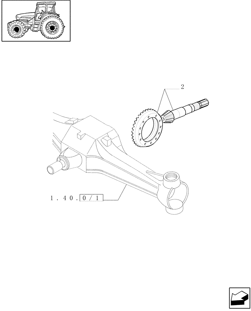 Схема запчастей Case IH JX100U - (1.40.0/67) - (VAR.325) ELECTROHYD. FRONT DIFFENTIAL LOCK 40 KM/H, BRAKES AND MUDGUARDS - FRONT BEVEL GEAR PAIR (04) - FRONT AXLE & STEERING