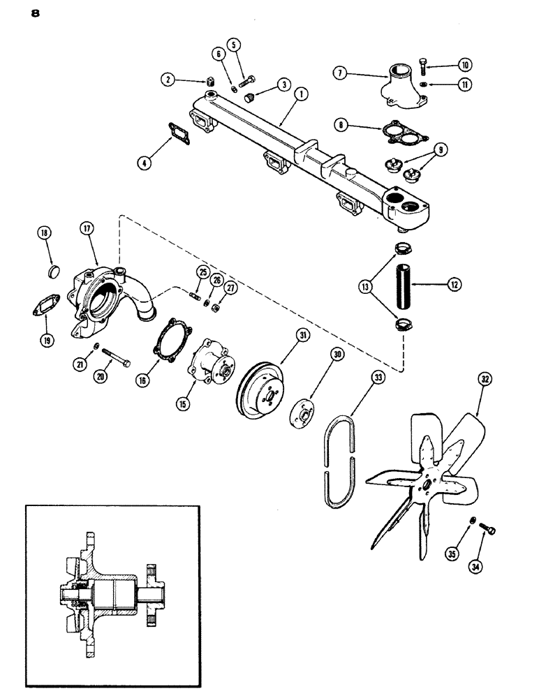 Схема запчастей Case IH 970 - (008) - WATER MANIFOLD AND THERMOSTAT, (401B) DIESEL ENGINE (02) - ENGINE