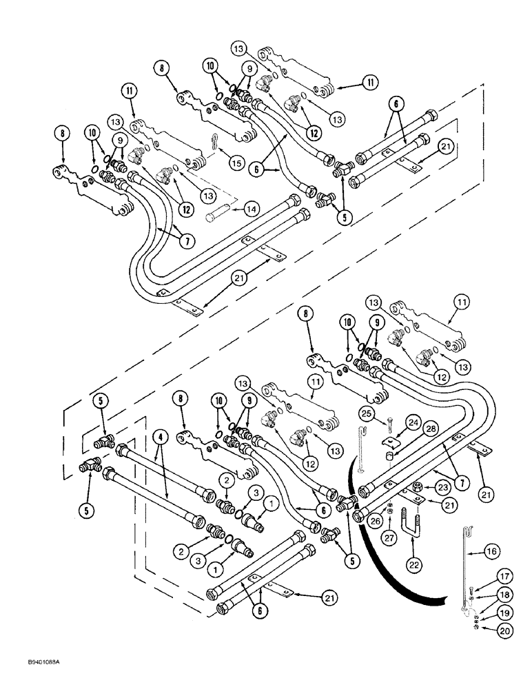 Схема запчастей Case IH 7100 - (8-20) - LIFT HYDRAULIC SYSTEM, FOUR DRILL COMBINATION, USES SINGLE HOSE FROM CROSS TO CYLINDER (08) - HYDRAULICS