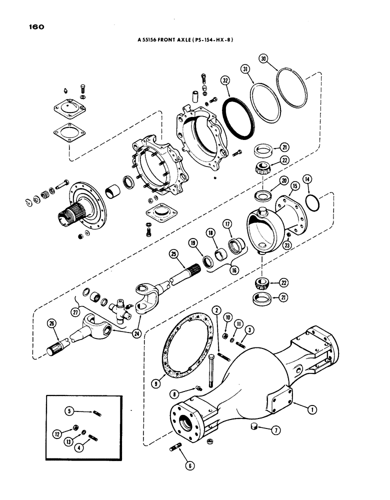 Схема запчастей Case IH 1200 - (160) - A55156 FRONT AXLE HOUSING AND KNUCKLE, 19.03 RATIO WITH CARDON JOINT (06) - POWER TRAIN