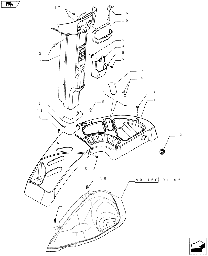 Схема запчастей Case IH FARMALL 75C - (90.160.01[01]) - CONTROLS COVER - RH - W/CAB (90) - PLATFORM, CAB, BODYWORK AND DECALS