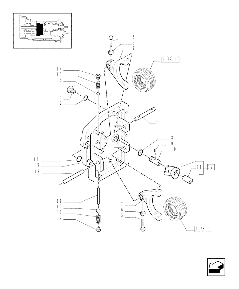 Схема запчастей Case IH MAXXUM 110 - (1.29.0[01]) - TRANSMISSION 12X12 - GEARBOX COVER, SHIFTING RODS AND FORKS (03) - TRANSMISSION