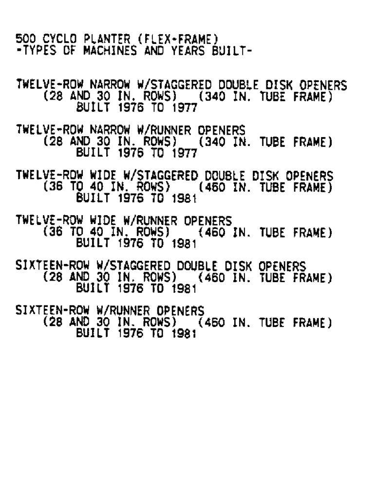 Схема запчастей Case IH 500 - (C-01) - 500 CYCLO, FLEX FRAME, TYPES OF MACHINES AND YEARS BUILT 
