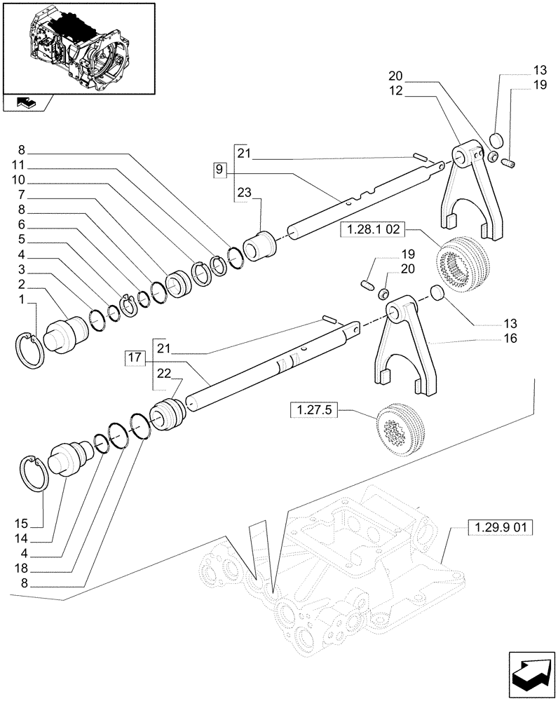 Схема запчастей Case IH MAXXUM 110 - (1.29.9[02]) - TRANSMISSION 16X16 OR 17X16 - REVERSER COVER - RODS AND FORKS (03) - TRANSMISSION
