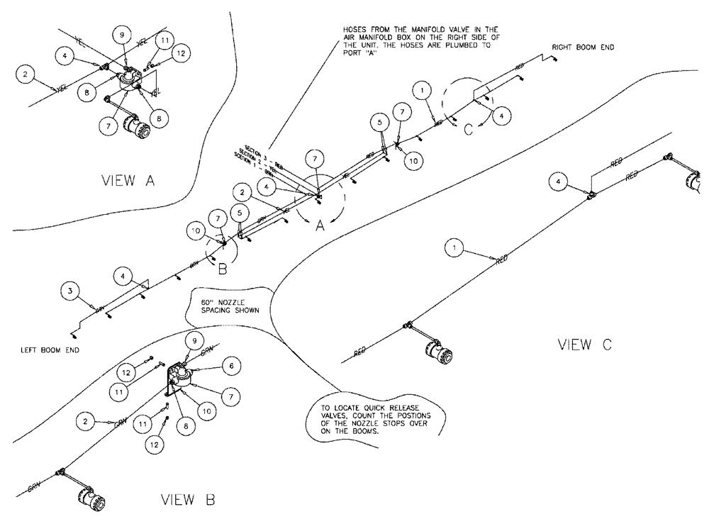 Схема запчастей Case IH FLX610 - (03-021) - 3-SECTION 70 BOOM GROUP, PNEUMATIC COMPONENTS 60" SPACING (09) - BOOMS
