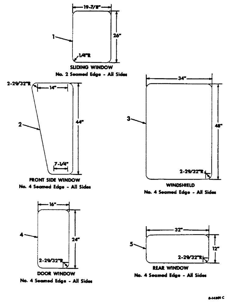 Схема запчастей Case IH 303 - (234) - CAB WINDOW GLASS DIMENSIONS 37-3/4 IN., WIDE CAB WITH REAR SIDE MOUNTED AIR FILTER (90) - PLATFORM, CAB, BODYWORK AND DECALS