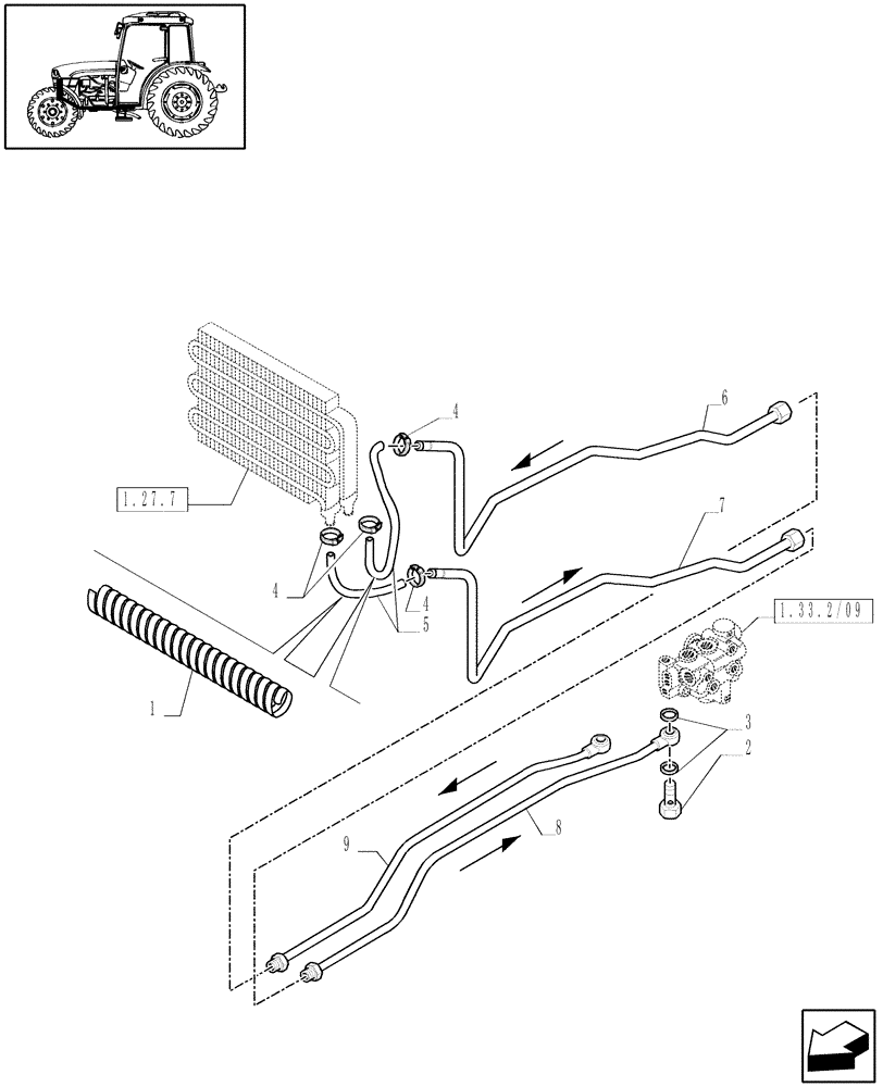 Схема запчастей Case IH JX1075C - (1.27.7/07[01]) - (VAR.535) HYDRAULIC VALVE FOR COMBO COOLER FOR MECH. SHUTTLE AND CAB WITH A/C - PIPES (03) - TRANSMISSION