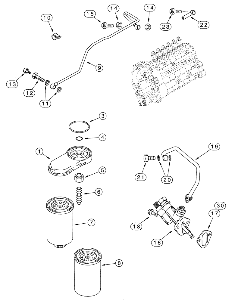 Схема запчастей Case IH 7210 - (3-008) - FUEL FILTER AND TRANSFER PUMP, 6T-830 ENGINE, ALL 7210 TRACTRS, 7220 MDLS PRIOR TO P.I.N. JJA0064978 (03) - FUEL SYSTEM