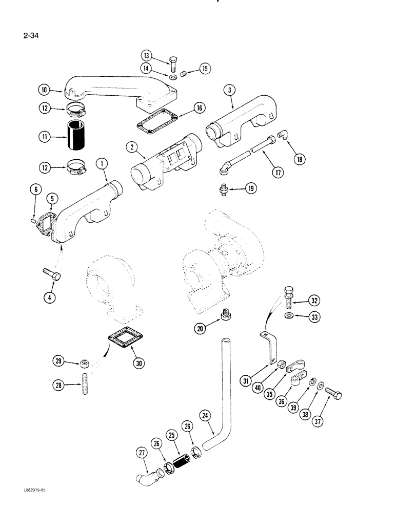Схема запчастей Case IH STEIGER - (2-34) - EXHAUST MANIFOLDS, 855 ENGINE (02) - ENGINE