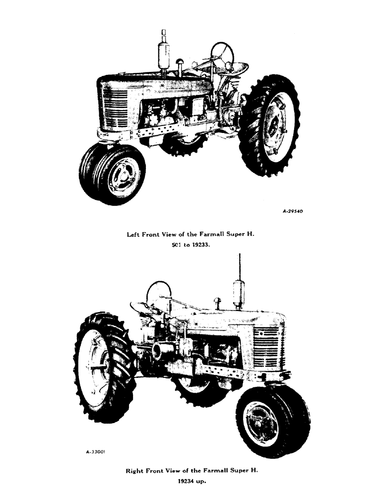 Схема запчастей Case IH SUPER-H - (002) - LEFT AND RIGHT FRONT VIEW OF THE FARMALL SUPER H (00) - GENERAL