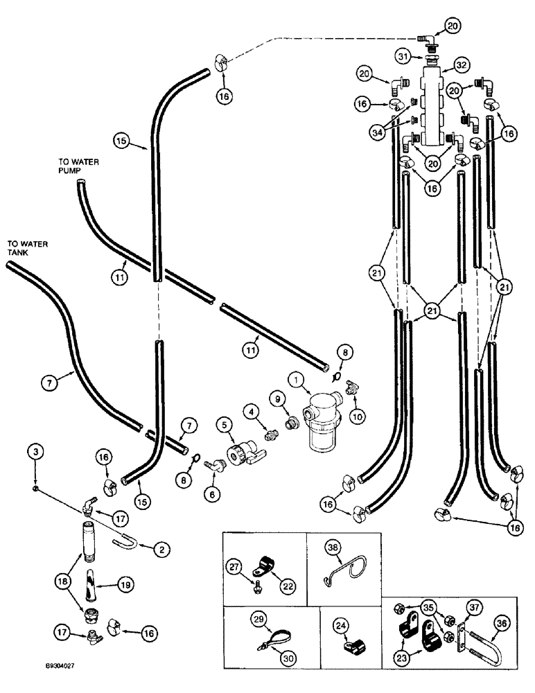 Схема запчастей Case IH 2055 - (9B-07A) - WATER LINES, WITHOUT WATER LINES SERVICE CENTER (14) - WATER SYSTEM