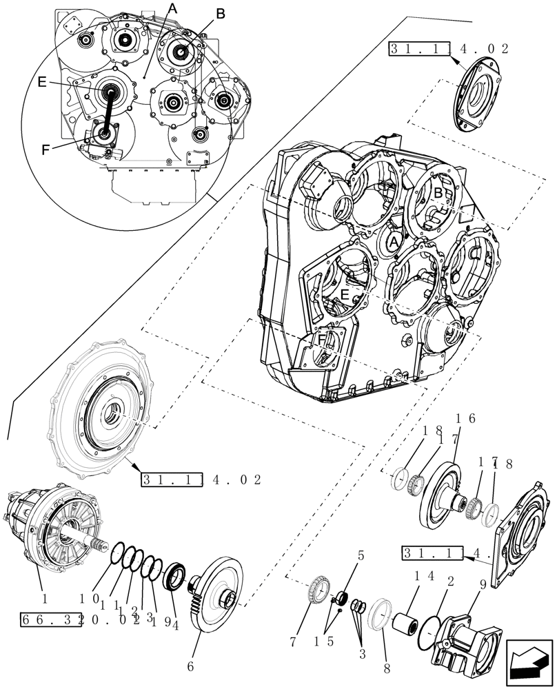 Схема запчастей Case IH 7010 - (14.100.11[02]) - PTO, ROTOR VARIATOR ASSY, ENGINE GEARBOX - 9010 (14) - MAIN GEARBOX & DRIVE