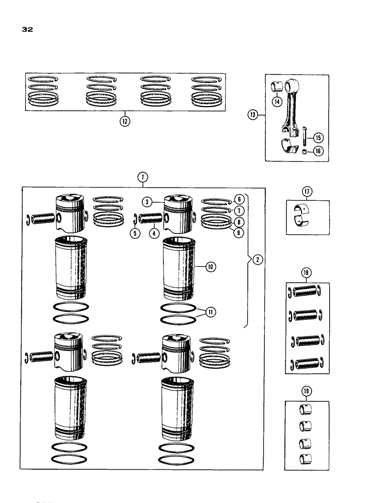 Схема запчастей Case IH 188 - (32) - PISTONS, SLEEVES AND CONNECTING RODS, DIESEL ENGINE 