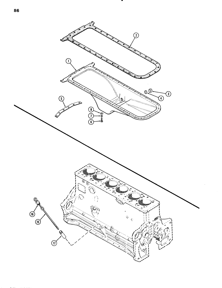 Схема запчастей Case IH 504BDT - (086) - OIL PAN & DIPSTICK, ENG. L/FUEL DEVICE, 504BDT & 451BDT TURBOCHARGED ENG. W/O OIL COOLED PISTONS, B (02) - ENGINE