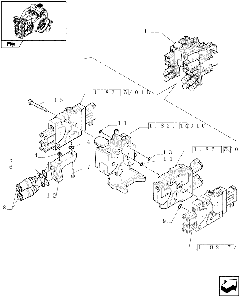 Схема запчастей Case IH PUMA 195 - (1.82.7/06A[01]) - REAR ELECTRONIC REMOTE CONTROL VALVES WITH 3 ELEMENTS - BREAKDOWN (07) - HYDRAULIC SYSTEM