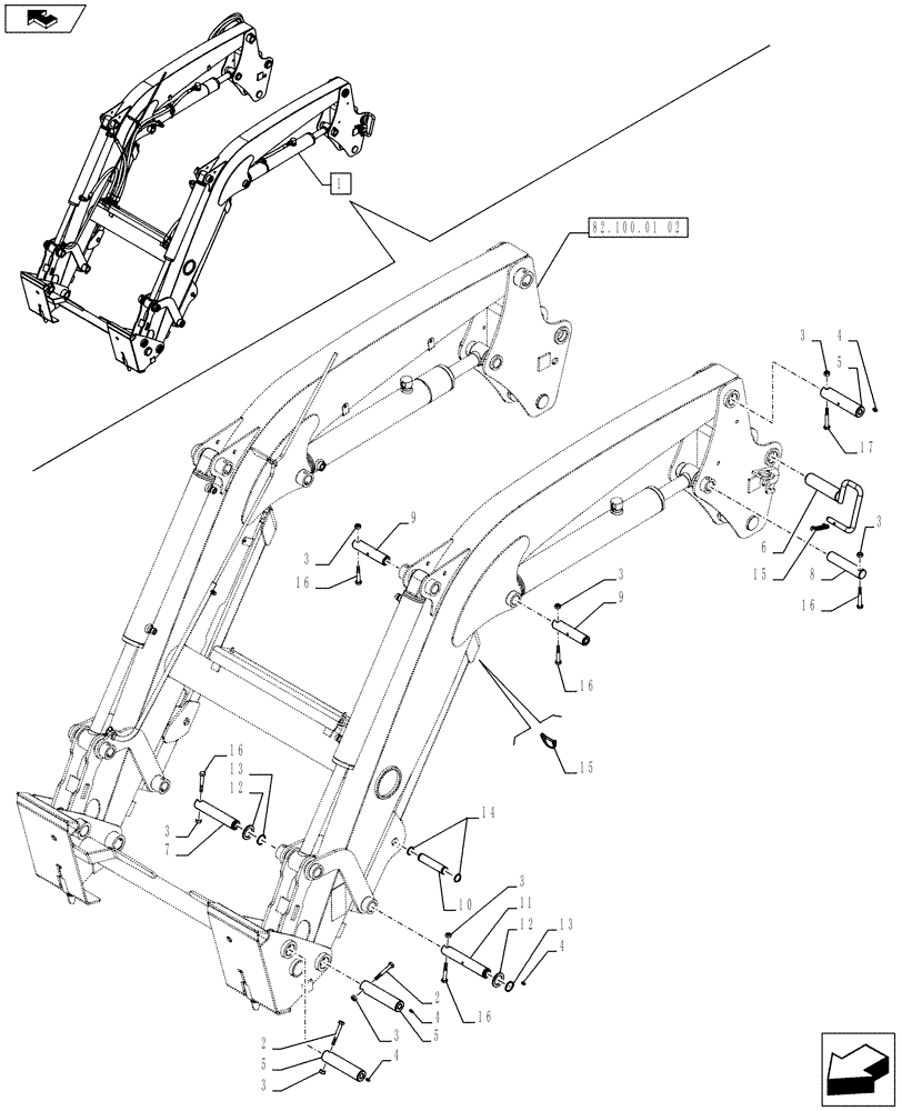 Схема запчастей Case IH FARMALL 75C - (82.100.01[04]) - FRONT LOADER - BREAKDOWN - PINS ARM AND LEVER - NAR (VAR.333489-335489) (82) - FRONT LOADER & BUCKET