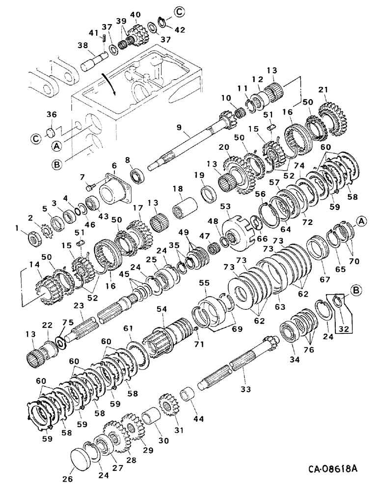 Схема запчастей Case IH 254 - (07-48) - DRIVE TRAIN, SELECTOR AND COUNTER GEAR, UPPER, SYNCHROMESH TRANSMISSION, 244 AND 254 (04) - Drive Train