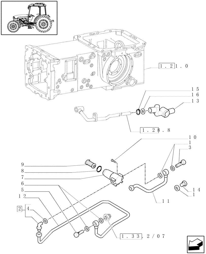 Схема запчастей Case IH JX1085C - (1.28.8/08) - (VAR.065-066-068-069) TRANSMISSIE MET SYNCHRO VERSNELLING EN P. SHUTTLE - AANSLUITINGEN EN BUIZEN (03) - TRANSMISSION