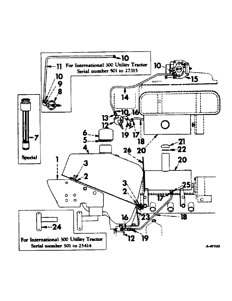 Схема запчастей Case IH 300 - (186) - CHASSIS, FUEL SYSTEM, FOR TRACTORS EQUIPPED WITH DISTILLATE, KEROSENE OR GASOLINE BURNING ENGINES (12) - CHASSIS