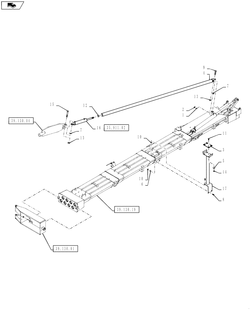 Схема запчастей Case IH 810 - (39.130.20) - 70 BOOM, LH, INNER, 2-1/2" TUBES, BOOM LEVEL AND OUTER BOOM CRADLE (39) - FRAMES AND BALLASTING