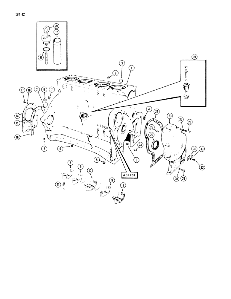 Схема запчастей Case IH 730 SERIES - (031C) - CYLINDER BLOCK ASSEMBLY, MODEL730, 267 DIESEL ENGINE, CASTING NO. A34931 (02) - ENGINE