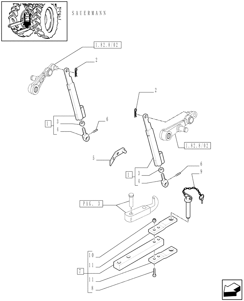 Схема запчастей Case IH JX1095C - (1.89.3/13[04]) - (VAR.929-929/1) PICK UP HITCH AND DRAW BAR (SAUERMANN) - BRACKET, TIE-ROD AND SUPPORT (09) - IMPLEMENT LIFT
