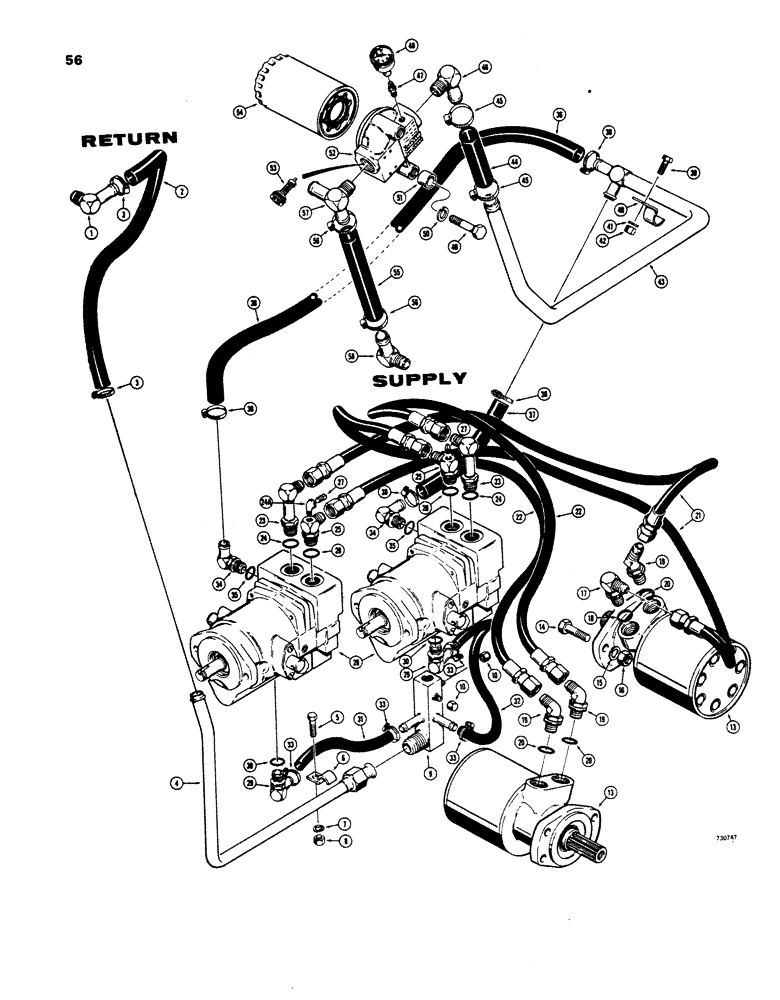 Схема запчастей Case IH 1816 - (56) - DRIVE HYDRAULICS, HYDRAULIC TANK TO MOTORS VARIABLE DISPLACEMENT PUMPS USED BEFORE TRAC. S/N 9826660 (35) - HYDRAULIC SYSTEMS