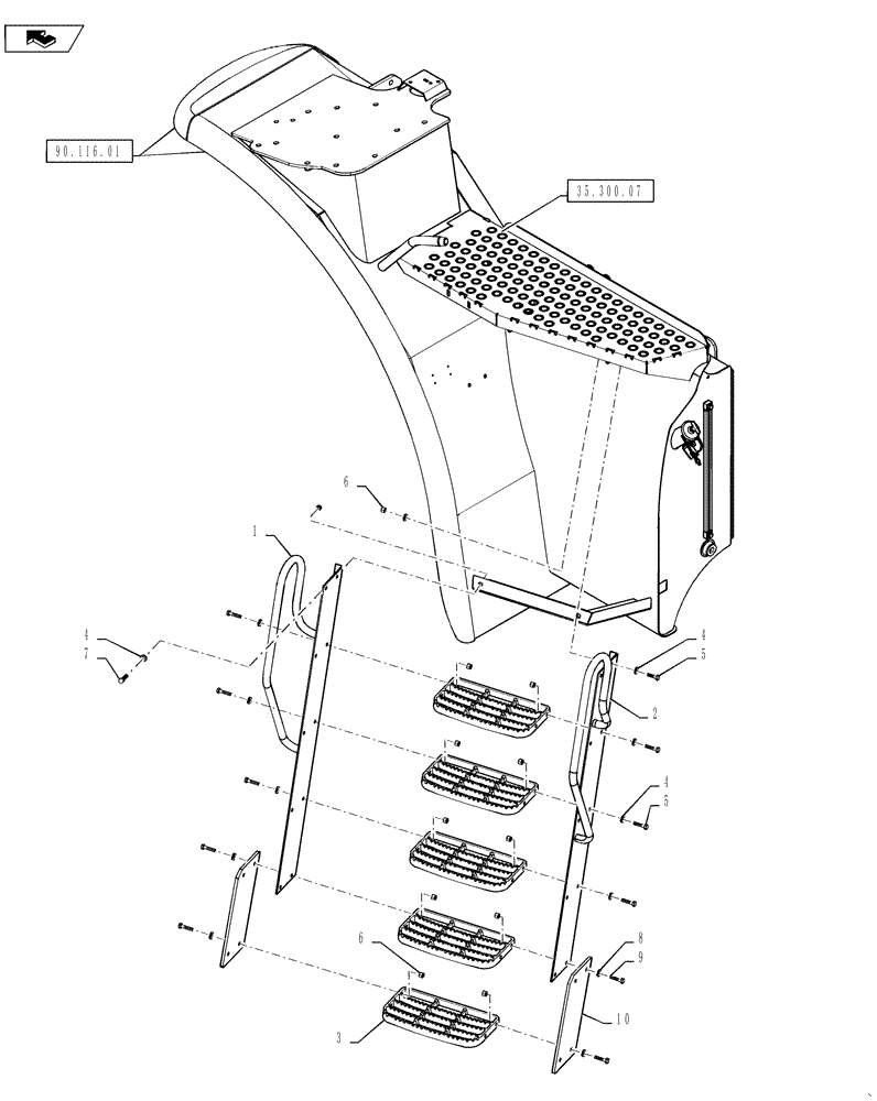 Схема запчастей Case IH STEIGER 600 - (90.118.01) - LADDER - DRIVERS PLATFORM ACCESS, LEFT SIDE - WHEELED (90) - PLATFORM, CAB, BODYWORK AND DECALS
