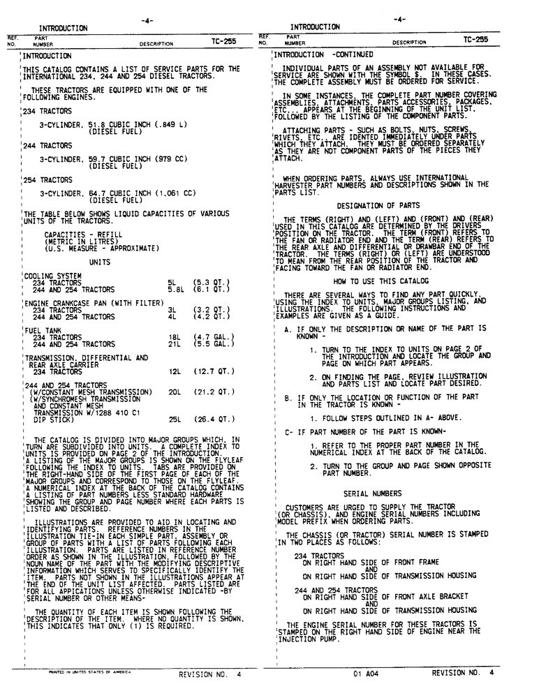 Схема запчастей Case IH 254 - (00-04) - INTRODUCTION - FLUID CAPACITIES AND SERIAL NUMBER LOCATIONS (00) - GENERAL