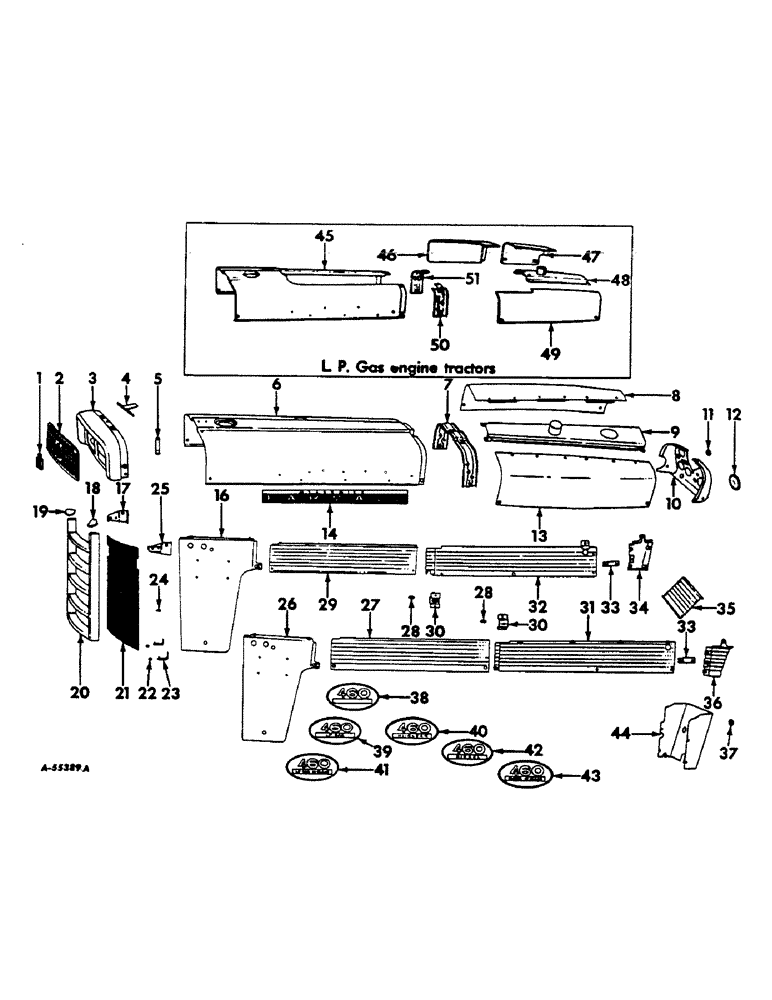 Схема запчастей Case IH 460 - (222) - SHEET METAL, GRILLES, AND FENDERS, HOOD AND RADIATOR GRILLE, FARMALL 460 SERIES Sheet Metal, Grilles & Fenders