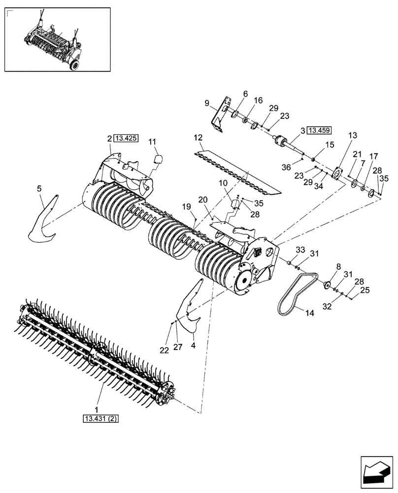 Схема запчастей Case IH RB454 - (13.430[2]) - 2M WIDE PICKUP W/ ROTOR & CLUTCH, EUROPE & R.O.W., P.I.N. Y9N043085 & AFTER (13) - FEEDER