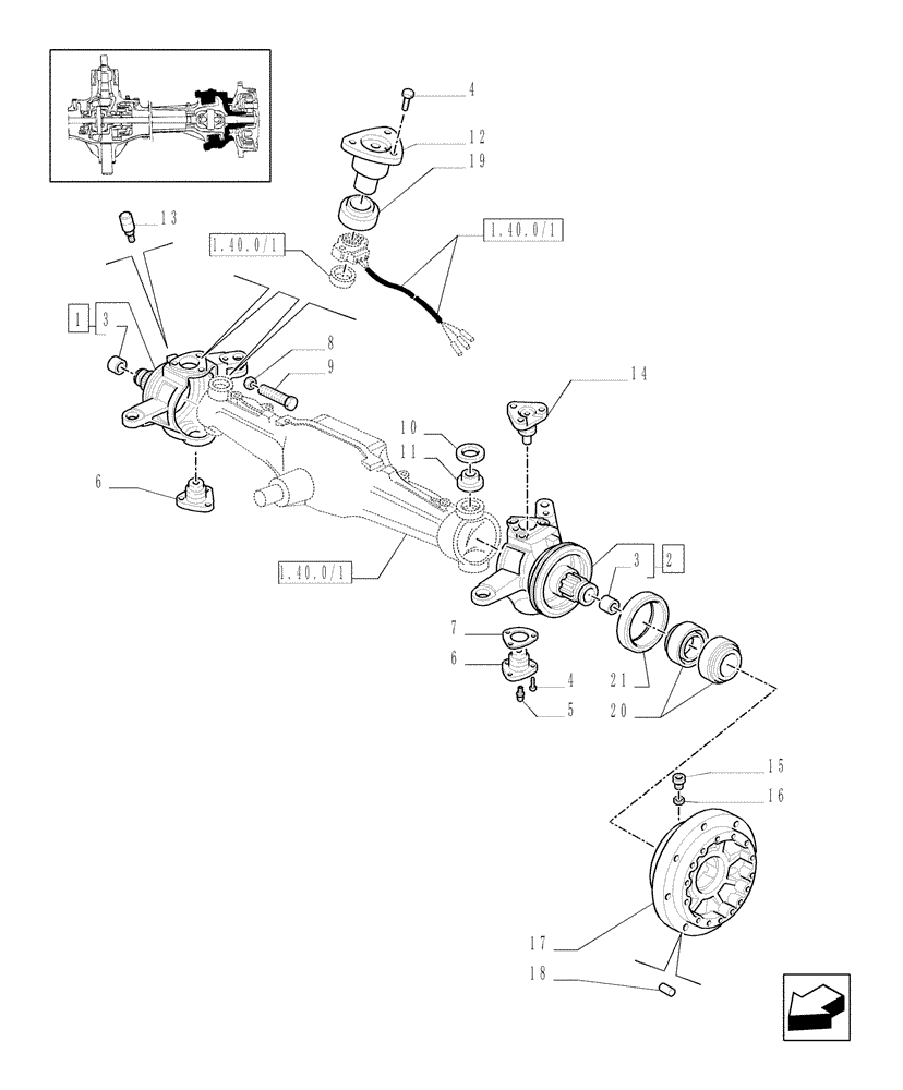 Схема запчастей Case IH MXM140 - (1.40.4/02[01]) - (VAR.452) 4WD FRONT AXLE WITH BRAKES FOR TERRALOCK - STEERING PIVOT PINS AND HUBS (04) - FRONT AXLE & STEERING
