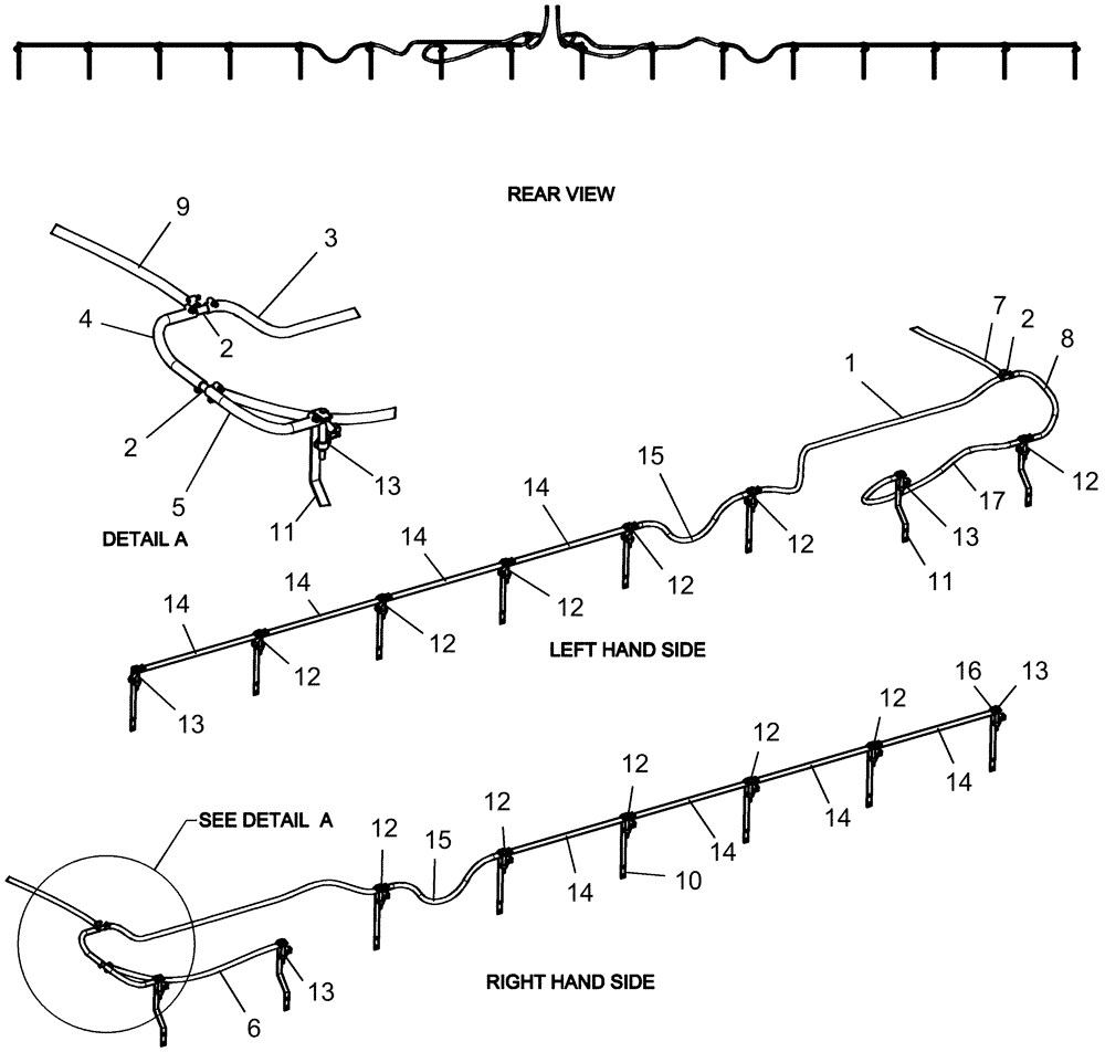 Схема запчастей Case IH 1250 - (75.110.19) - LIQUID FERTILIZER - DISTRIBUTION HOSES AND SUPPORTS - 16 ROW, 600 GALLON TANK (75) - SOIL PREPARATION
