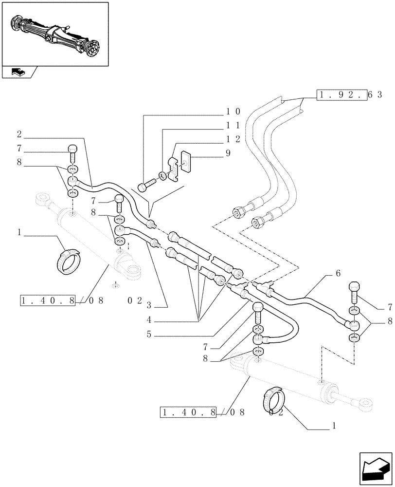 Схема запчастей Case IH FARMALL 80 - (1.40.8/08[01]) - CLASS 2 FRONT AXLE WITH 2ND STEERING CYL. & LIMITED SLIP (40KM/H) - POWER STEER. CYLIN. GROUP IS VALID FOR INDUSTRIAL VAR.335542 (743906-743552) (04) - FRONT AXLE & STEERING