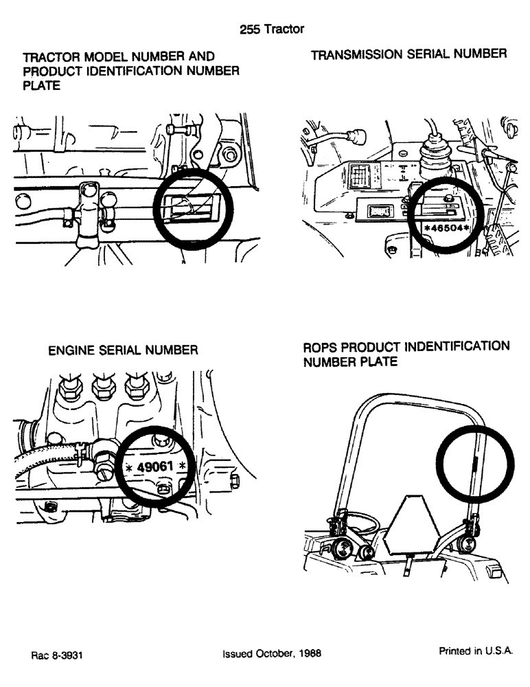 Схема запчастей Case IH 255 - (1-04) - TRACTOR MODEL NUMBER AND PRODUCT IDENTIFICATION NUMBER PLATE, TRANSMISSION AND ENGINE SERIAL NUMBER (00) - PICTORIAL INDEX