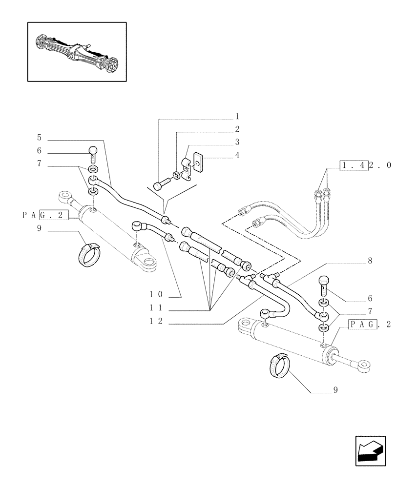 Схема запчастей Case IH JX80U - (1.40.0/12[03]) - FRONT AXLE - HYDRAULIC STEERING CYLINDER - 4WD - PIPES (04) - FRONT AXLE & STEERING
