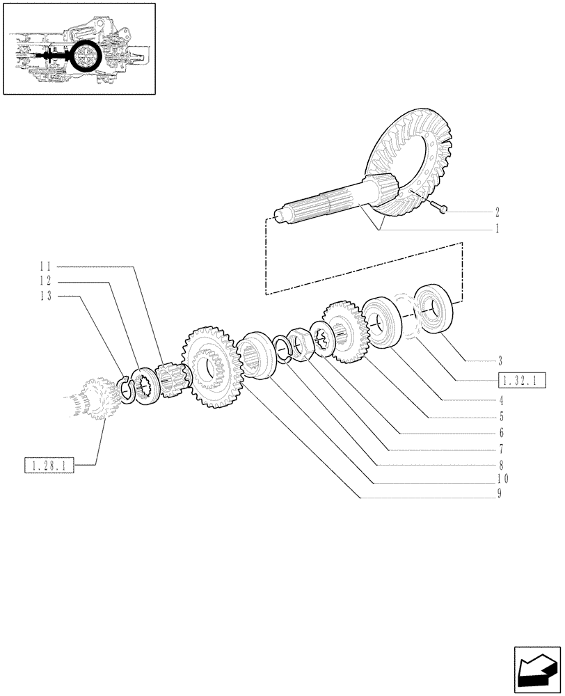 Схема запчастей Case IH JX70 - (1.32.1/04[01]) - (VAR.108) 12X12 (40KM/H) TRANSMISSION WITH VENTRAL FRONT BRAKE & LIMITED SLIP - BEVEL GEAR PAIR (03) - TRANSMISSION