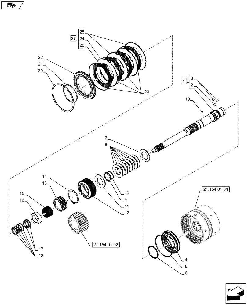Схема запчастей Case IH FARMALL 65C - (21.154.01[03]) - POWERSHUTTLE TRANSMISSION - DRIVEN SHAFT AND CLUTCH (VAR.330274-330276) (21) - TRANSMISSION