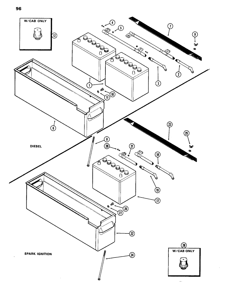 Схема запчастей Case IH 770 - (096) - BATTERY, CABLES, BATTERY BOX, 267B DIESEL AND 251B SPARK ENGINES (04) - ELECTRICAL SYSTEMS