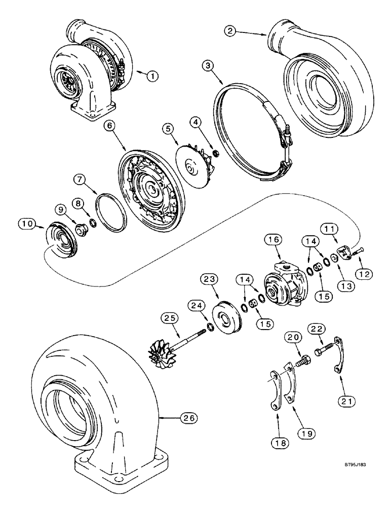 Схема запчастей Case IH 2166 - (2-28) - TURBOCHARGER ASSEMBLY, 6T-830 ENGINE, PRIOR TO COMBINE P.I.N. JJC0180000 (01) - ENGINE