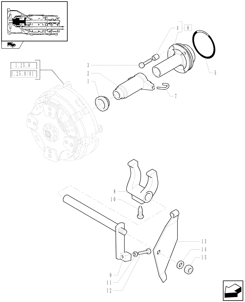 Схема запчастей Case IH FARMALL 105N - (1.26.2[01]) - CLUTCH CONTROLS, CLUTCH FORK (03) - TRANSMISSION