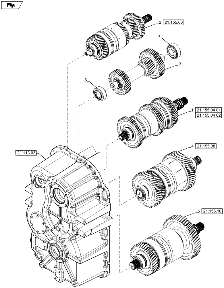 Схема запчастей Case IH STEIGER 550 - (21.155.02) - POWER SHIFT TRANSMISSION - SHAFT ASSEMBLIES AND CLUTCHES, PS6, 9C (21) - TRANSMISSION